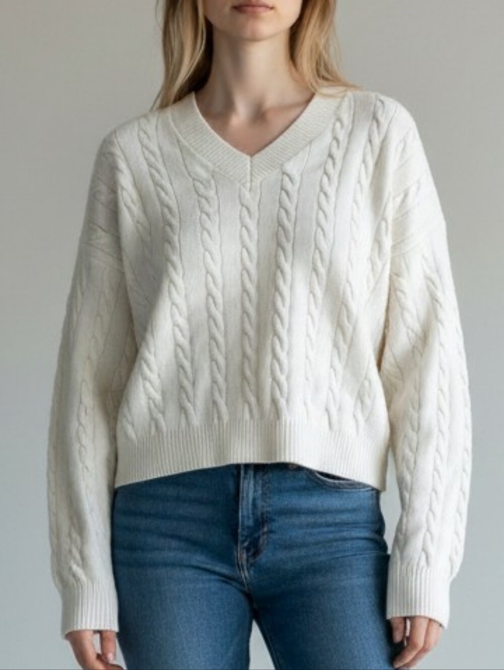 Fila Women White V-Neck Cable Knit Cropped Sweater Size Medium Tennis Pullover